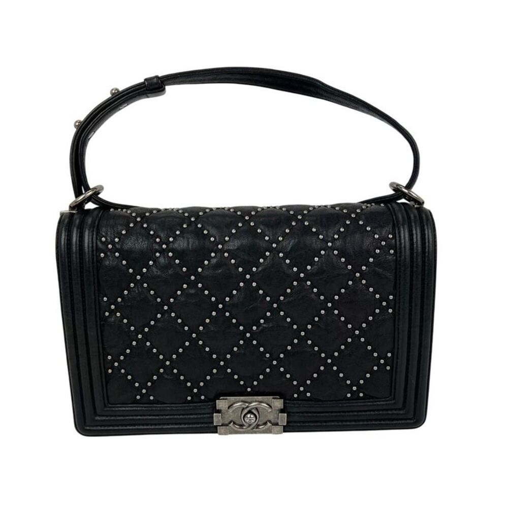 Chanel Crumpled Lambskin New Medium Studded Black Boy Flap Bag